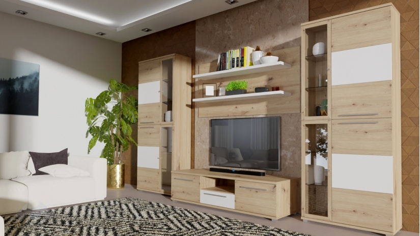 Секция Алистър с витрина дъб артисан с бяло - изглед 1 - МебелМаг Секция Алистър с витрина дъб артисан с бяло - изглед 1