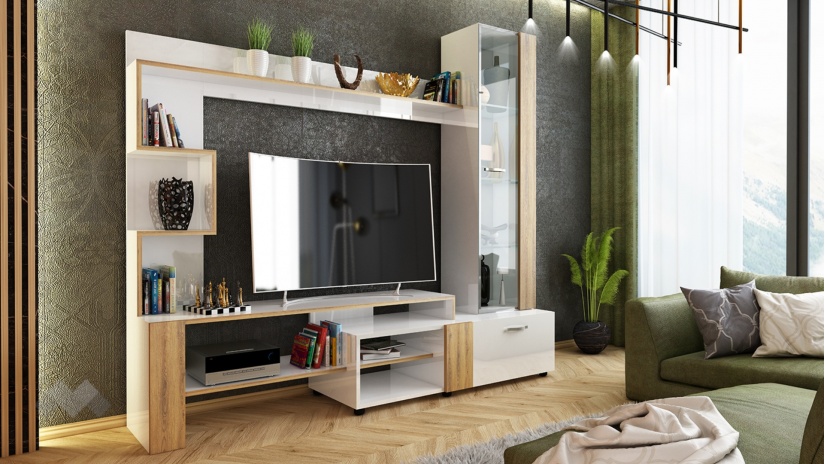 Секция Ава с витрина бял гланц с дъб евок - изглед 1 - МебелМаг Секция Ава с витрина бял гланц с дъб евок - изглед 1