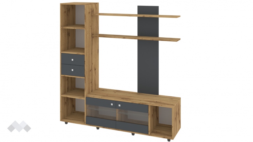 Секция Аверса с витрина златен дъб с антрацит - изглед 2 - МебелМаг Секция Аверса с витрина златен дъб с антрацит - изглед 2