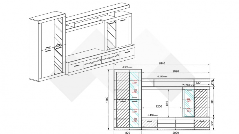 Секция Белвю с LED осветление бяло гладко с дъб дакота - изглед 3 - МебелМаг Секция Белвю с LED осветление бяло гладко с дъб дакота - изглед 3