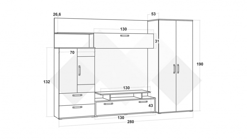 Секция Диего с гардероб колониален дъб със сатен огледален гланц - изглед 3 - МебелМаг Секция Диего с гардероб колониален дъб със сатен огледален гланц - изглед 3