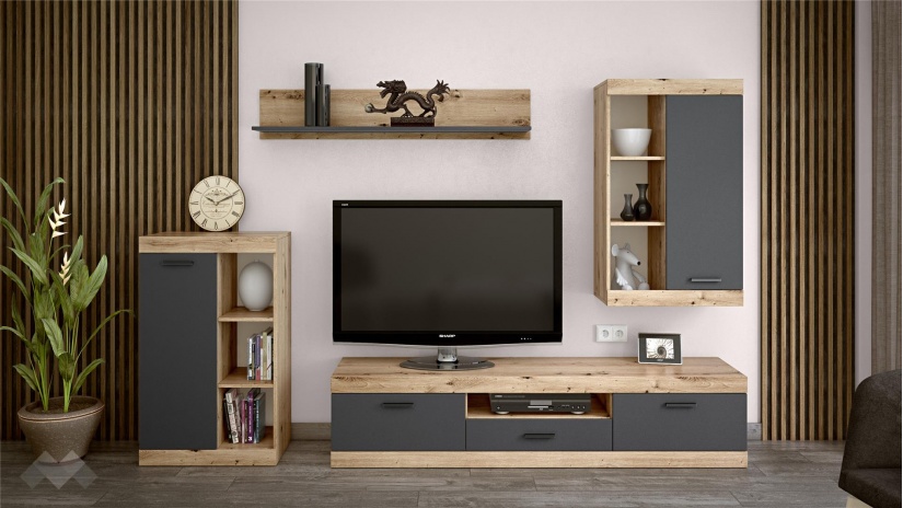 Секция Жени с открити рафтове артизан с антрацит - изглед 1 - МебелМаг Секция Жени с открити рафтове артизан с антрацит - изглед 1