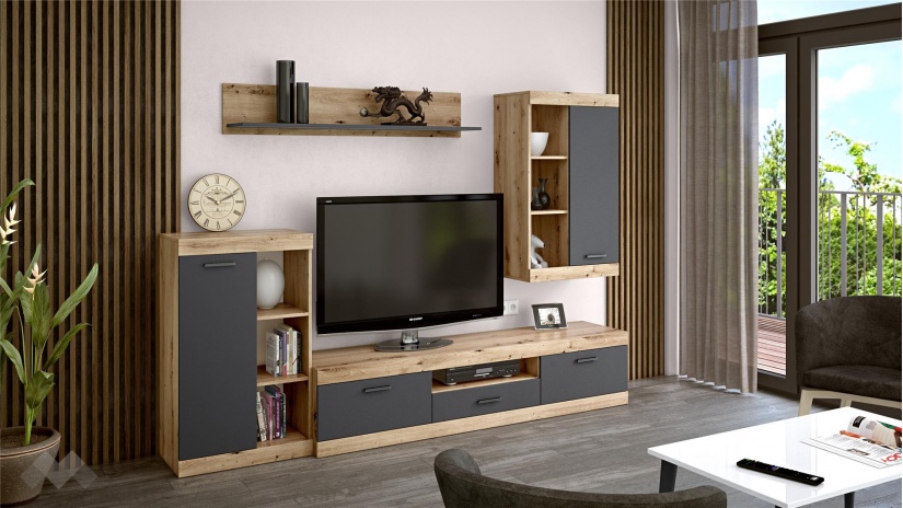 Секция Жени с открити рафтове артизан с антрацит - изглед 3 - МебелМаг Секция Жени с открити рафтове артизан с антрацит - изглед 3