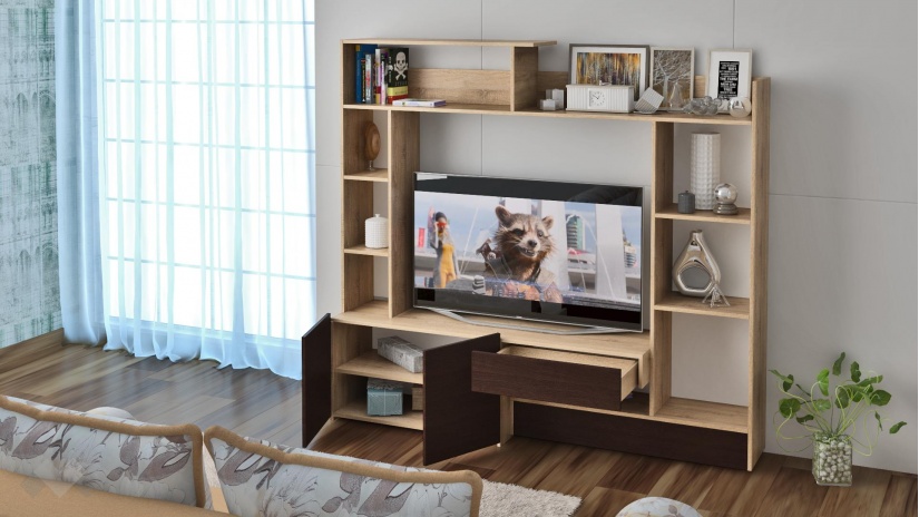 Секция Флоренция с открити рафтове дъб сонома с венге - изглед 2 - МебелМаг Секция Флоренция с открити рафтове дъб сонома с венге - изглед 2