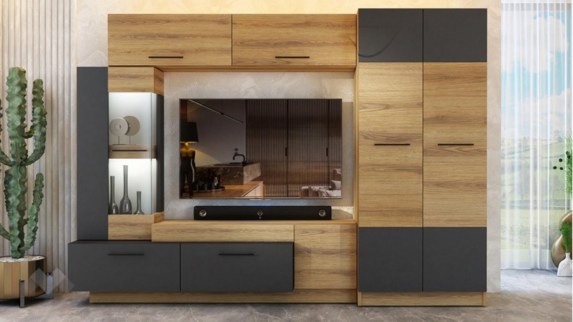 Секция Форте с гардероб дъб евок с графит - изглед 1 - МебелМаг Секция Форте с гардероб дъб евок с графит - изглед 1