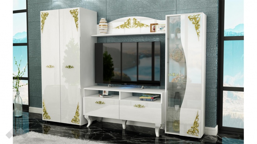 Секция Изабела с витрина бяло шагре с бял гланц - изглед 1 - МебелМаг Секция Изабела с витрина бяло шагре с бял гланц - изглед 1