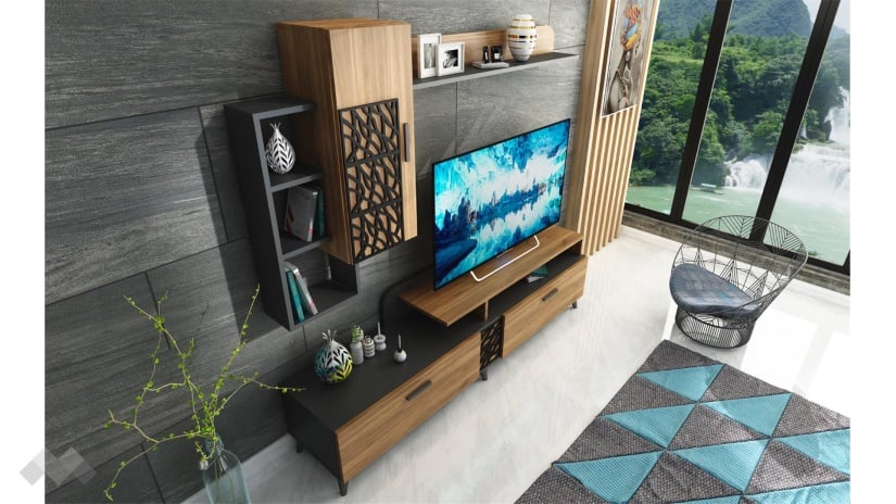 Секция Кели модулни черно шагре с дъб канзас - изглед 1 - МебелМаг Секция Кели модулни черно шагре с дъб канзас - изглед 1