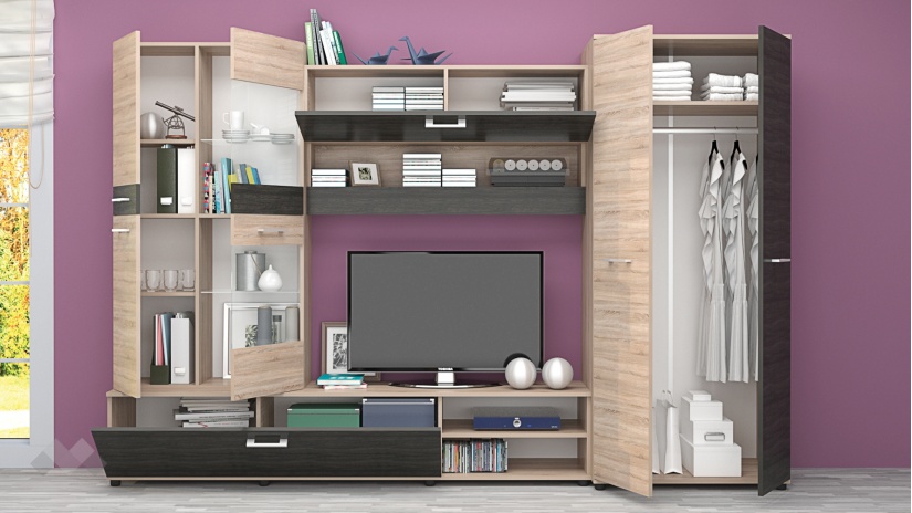 Секция Майли с LED осветление дъб сонома с дъб карбон - изглед 2 - МебелМаг Секция Майли с LED осветление дъб сонома с дъб карбон - изглед 2