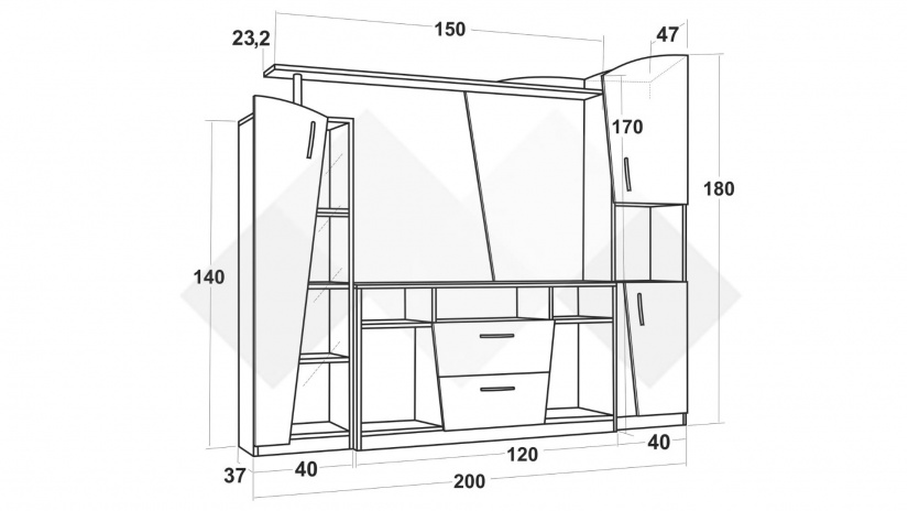 Секция Нанси с витрина дъб суров с дъб бланко - изглед 3 - МебелМаг Секция Нанси с витрина дъб суров с дъб бланко - изглед 3