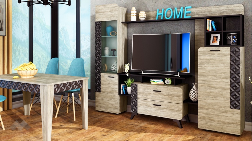 Секция Ница с витрина дъб навара с черно - изглед 1 - МебелМаг Секция Ница с витрина дъб навара с черно - изглед 1