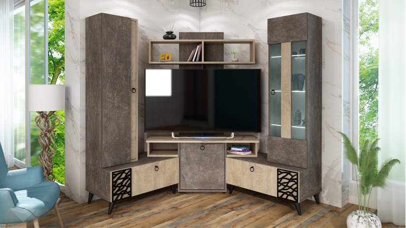 Секция Нола с витрина тъмен бетон с дъб суров - изглед 2 - МебелМаг Секция Нола с витрина тъмен бетон с дъб суров - изглед 2