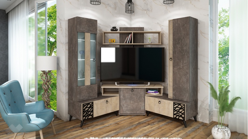 Секция Нола с витрина тъмен бетон с дъб суров - изглед 3 - МебелМаг Секция Нола с витрина тъмен бетон с дъб суров - изглед 3