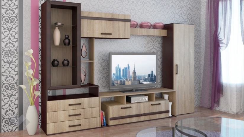 Секция Омаха с витрина тъмна сонома с венге - изглед 1 - МебелМаг Секция Омаха с витрина тъмна сонома с венге - изглед 1