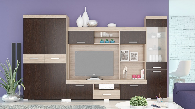 Секция Прага с гардероб венге с дъб сонома - изглед 1 - МебелМаг Секция Прага с гардероб венге с дъб сонома - изглед 1