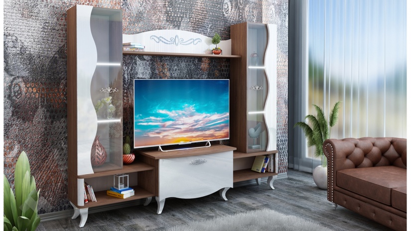 Секция Шик с LED осветление тиково дърво с бяло гланц - изглед 2 - МебелМаг Секция Шик с LED осветление тиково дърво с бяло гланц - изглед 2