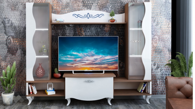 Секция Шик с LED осветление тиково дърво с бяло гланц - изглед 1 - МебелМаг Секция Шик с LED осветление тиково дърво с бяло гланц - изглед 1