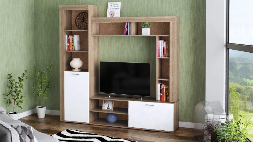 Секция Шоу с открити рафтове дъб сонома с бяло - изглед 1 - МебелМаг Секция Шоу с открити рафтове дъб сонома с бяло - изглед 1