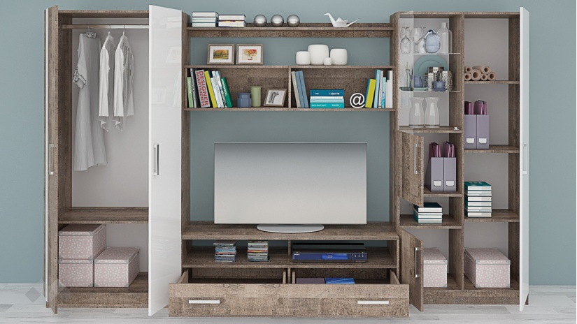 Секция Скарлет с гардероб колониален дъб с бял гланц - изглед 2 - МебелМаг Секция Скарлет с гардероб колониален дъб с бял гланц - изглед 2