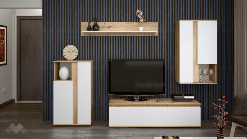 Секция Вера с открити рафтове артизан с бяло - изглед 1 - МебелМаг Секция Вера с открити рафтове артизан с бяло - изглед 1