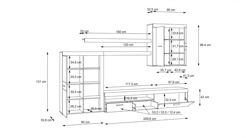 Секция Зумба с LED осветление дъб артисан с пясък - изглед 2 - МебелМаг Секция Зумба с LED осветление дъб артисан с пясък - изглед 2