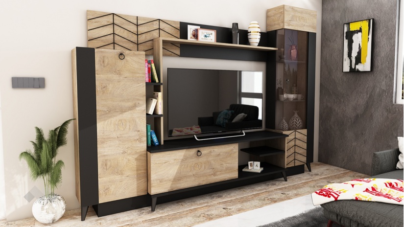 Секция Тренд с витрина черно шагре с дъб суров - изглед 1 - МебелМаг Секция Тренд с витрина черно шагре с дъб суров - изглед 1