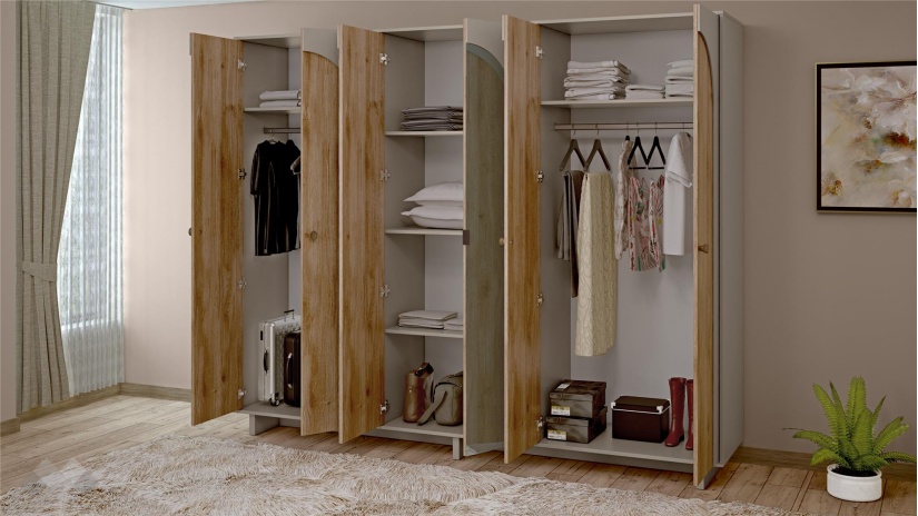 Гардероб Рена шесткрилни дъб кадис с пясъчен камък - изглед 2 - МебелМаг Гардероб Рена шесткрилни дъб кадис с пясъчен камък - изглед 2