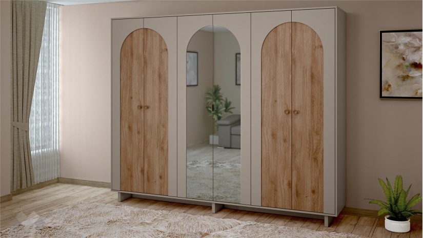 Гардероб Рена шесткрилни дъб кадис с пясъчен камък - изглед 1 - МебелМаг Гардероб Рена шесткрилни дъб кадис с пясъчен камък - изглед 1