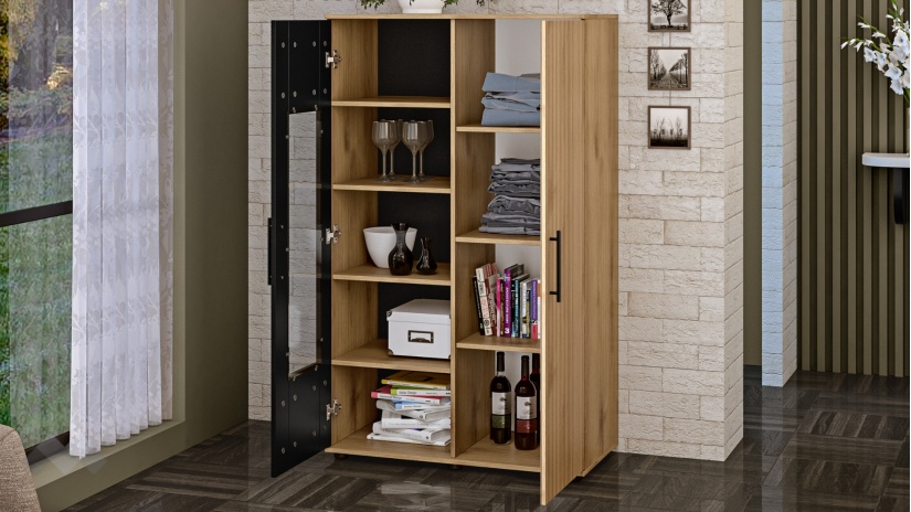 Шкаф с витрина Ламела дъб канела с дъб ламела и черно шагре - изглед 2