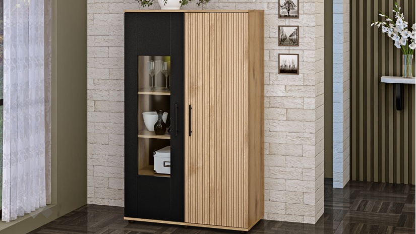 Шкаф с витрина Ламела дъб канела с дъб ламела и черно шагре - изглед 1