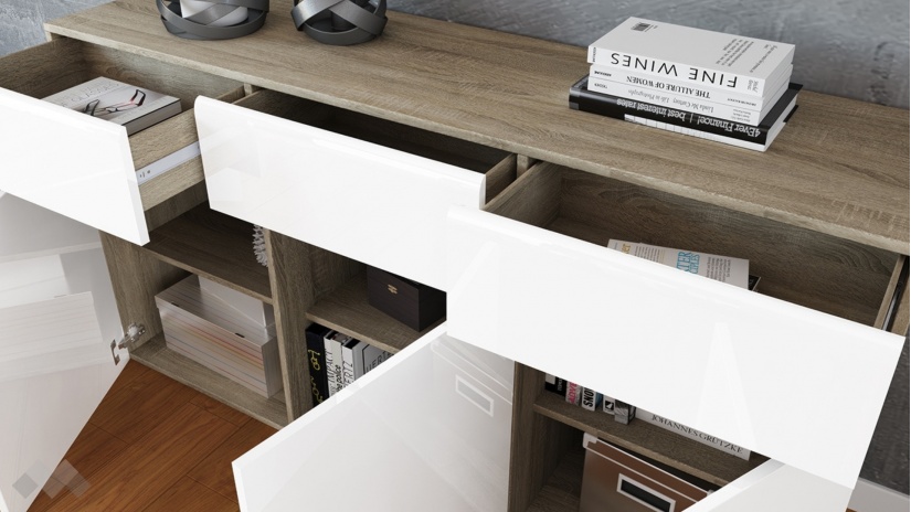 Скрин Бос бяло гланц с дъб сонома - изглед 2 - МебелМаг Скрин Бос бяло гланц с дъб сонома - изглед 2