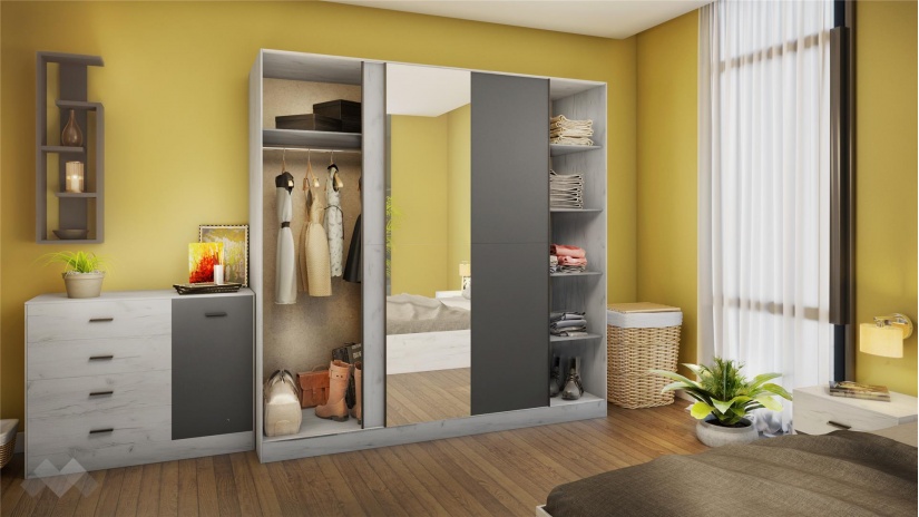 Спален комплект Кели с включен матрак Бонел 160/200 бял дъб с графит - изглед 3 - МебелМаг Спален комплект Кели с включен матрак Бонел 160/200 бял дъб с графит - изглед 3