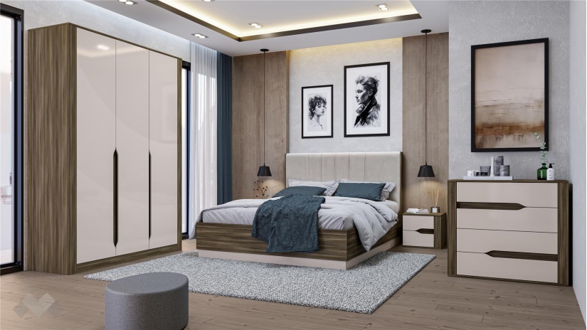 Спален комплект Котанело с включен матрак Бонел 160/200 дъб дилън тъмен с кашмир гланц - изглед 1