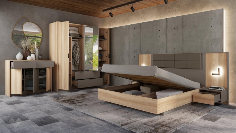 Спален комплект Опиум с включен матрак Бонел 160/200 блонд сърфейс с лате - изглед 3 - МебелМаг Спален комплект Опиум с включен матрак Бонел 160/200 блонд сърфейс с лате - изглед 3