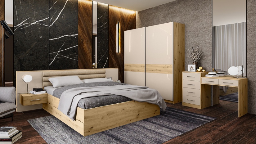 Спалня с нощни шкафчета 160/200 Бедфорд с включен матрак Бонел 160/200 артизан с кашмир гланц - изглед 3