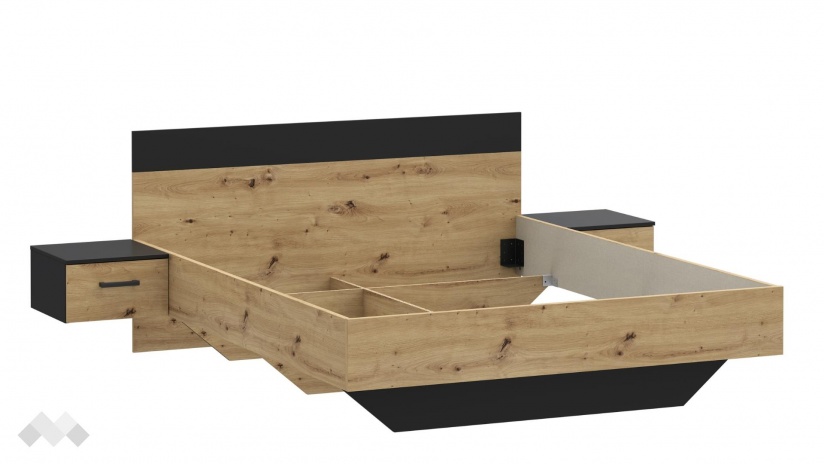 Спалня с нощни шкафчета 160/200 Мониса дъб артисан с черно - изглед 4 - МебелМаг Спалня с нощни шкафчета 160/200 Мониса дъб артисан с черно - изглед 4