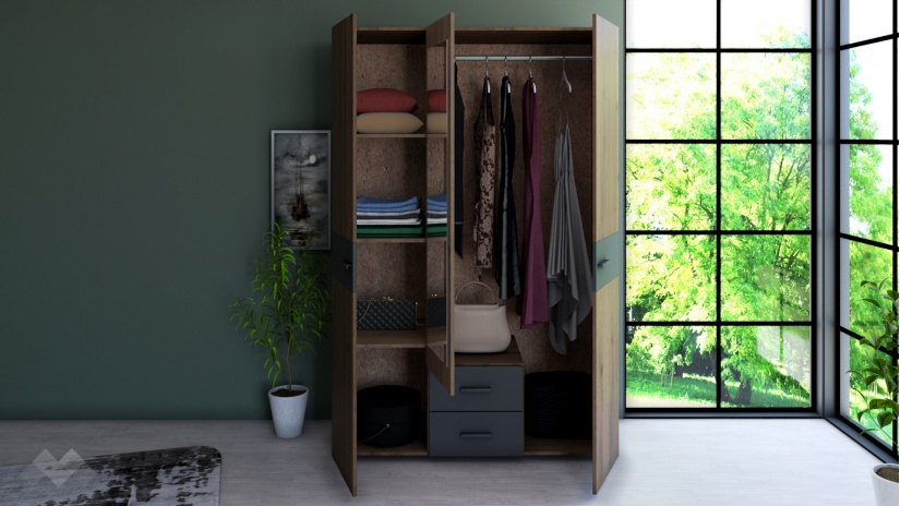 Гардероб Дани трикрилни дъб вотан с черно шагре - изглед 2