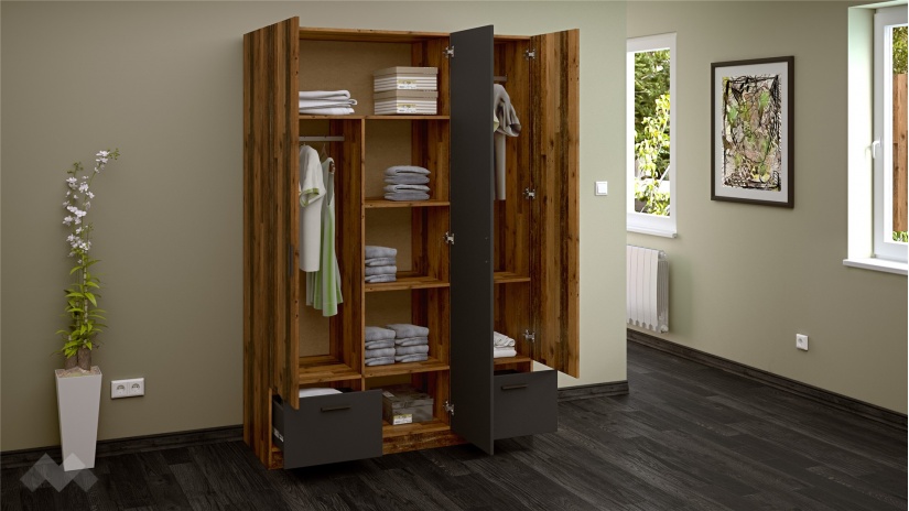 Гардероб Лориен трикрилни олд стайл с графит - изглед 2 - МебелМаг Гардероб Лориен трикрилни олд стайл с графит - изглед 2