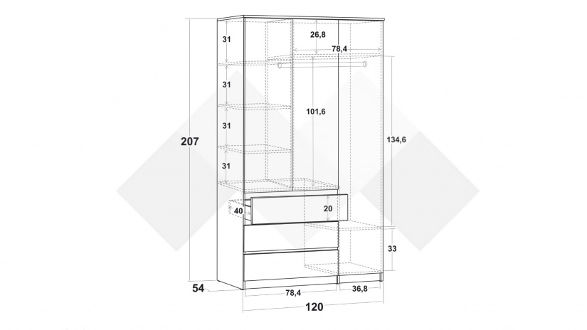 Гардероб Никола трикрилни златен дъб с антрацит - изглед 3