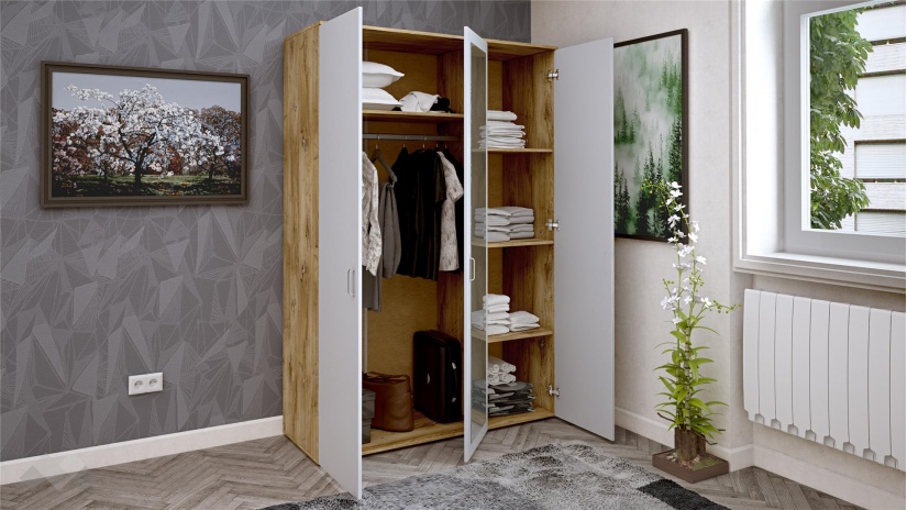 Гардероб Селтик трикрилни келтски дъб със светло сиво - изглед 2 - МебелМаг Гардероб Селтик трикрилни келтски дъб със светло сиво - изглед 2