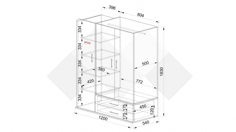 Гардероб Тунис трикрилни тъмна сонома с бяло гладко - изглед 5
