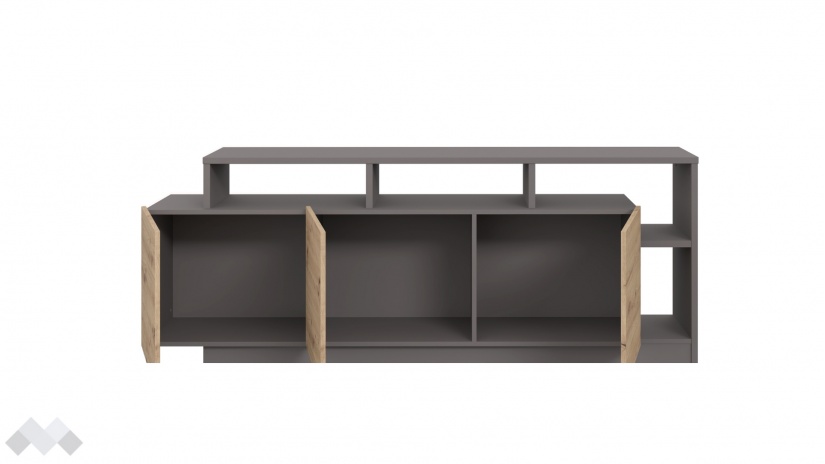 ТВ шкаф Ариса с открити рафтове дъб артисан със сиво - изглед 3 - МебелМаг ТВ шкаф Ариса с открити рафтове дъб артисан със сиво - изглед 3