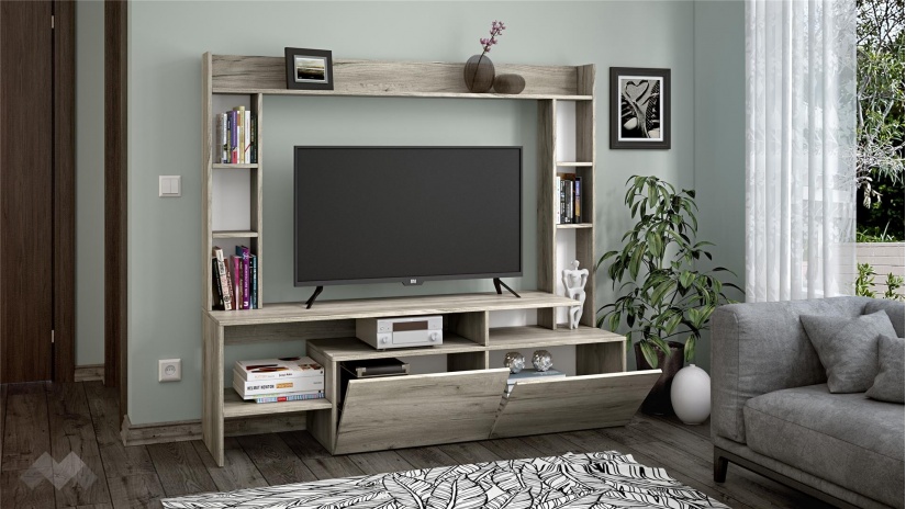 ТВ шкаф Боди с открити рафтове дъб крафт сив - изглед 2 - МебелМаг ТВ шкаф Боди с открити рафтове дъб крафт сив - изглед 2