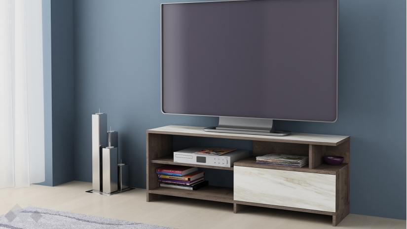 ТВ шкаф Кейти колониален дъб с бял мрамор - изглед 1 - МебелМаг ТВ шкаф Кейти колониален дъб с бял мрамор - изглед 1