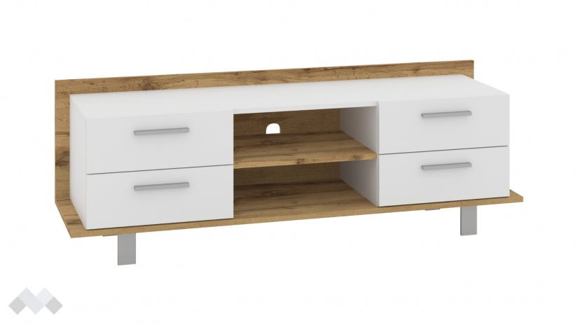 ТВ шкаф Модика с открити рафтове златен дъб с бяло - изглед 2 - МебелМаг ТВ шкаф Модика с открити рафтове златен дъб с бяло - изглед 2