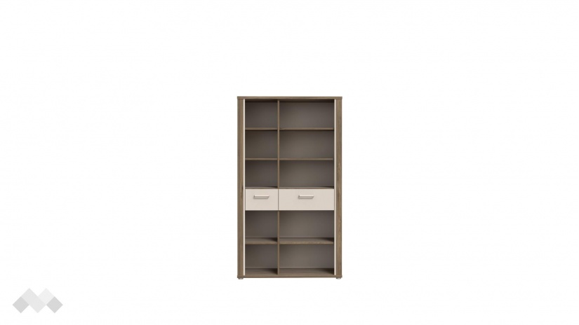 Висок шкаф с две чекмеджета Дейлос с открити рафтове дъб валенсия с крем - изглед 2