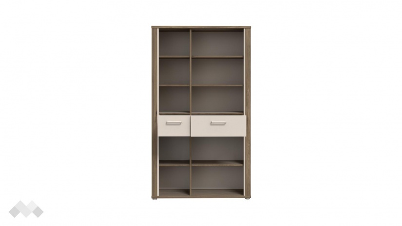 Висок шкаф с две чекмеджета Дейлос с открити рафтове дъб валенсия с крем - изглед 4