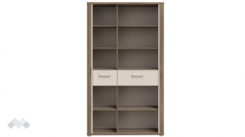 Висок шкаф с две чекмеджета Дейлос с открити рафтове дъб валенсия с крем - изглед 2