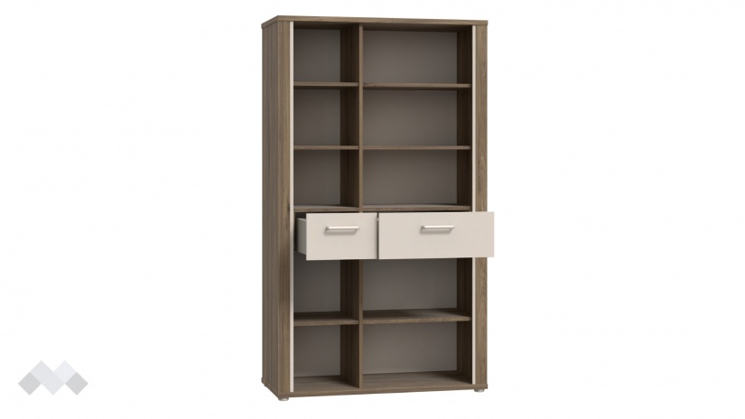 Висок шкаф с две чекмеджета Дейлос с открити рафтове дъб валенсия с крем - изглед 4