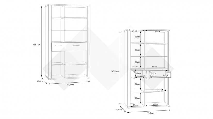 Висок шкаф с две чекмеджета Дейлос с открити рафтове дъб валенсия с крем - изглед 5