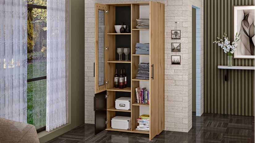 Висок шкаф с витрина Ламела дъб канела с дъб ламела и черно шагре - изглед 2